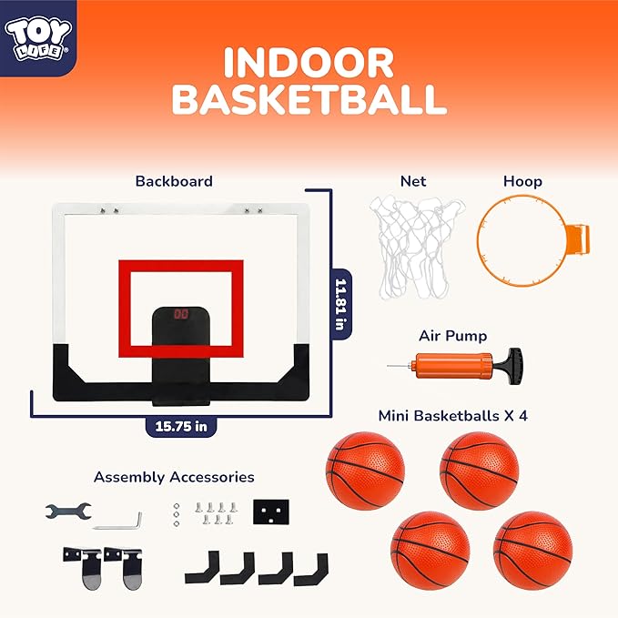 TOY Life Basketball Hoop LED Scoresboard Indoor Basketballhoop Wall Mount Over The Door Backboard for Teens Adults Boys Toys Age 8-10 Games Indoor with 4 Balls