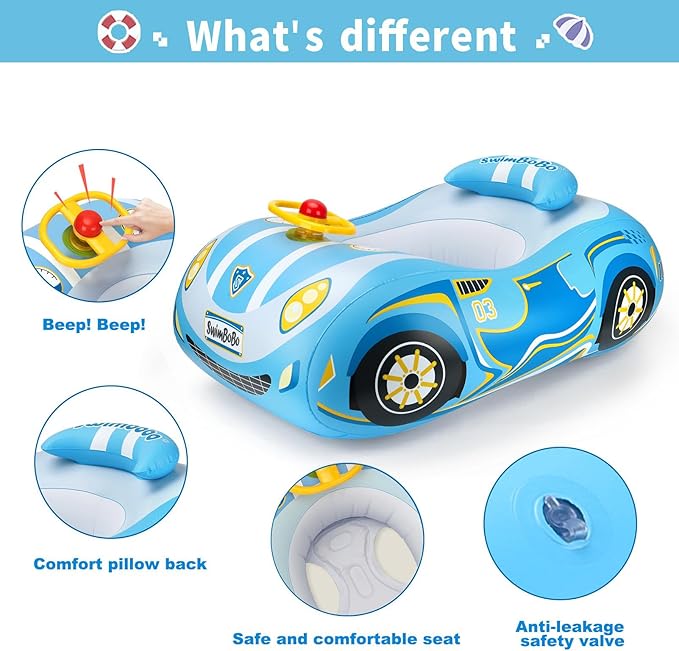 Swimbobo Toddler Pool Float with Seat Boat Inflatable Ride-on Car for Kids Outdoor Toys