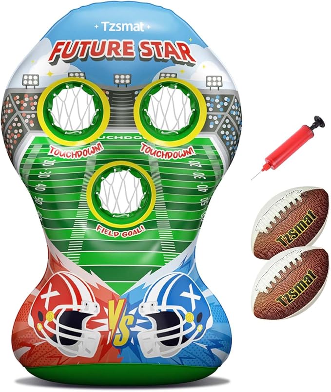 52" Inflatable Football Target Toss Game for Kids - Large Indoor Outdoor Party Games & Football Toys with 2 Laced Footballs & Pump - Quarterback Training Sports Gifts for Boys Ages 3 4 5 6 7 8-12