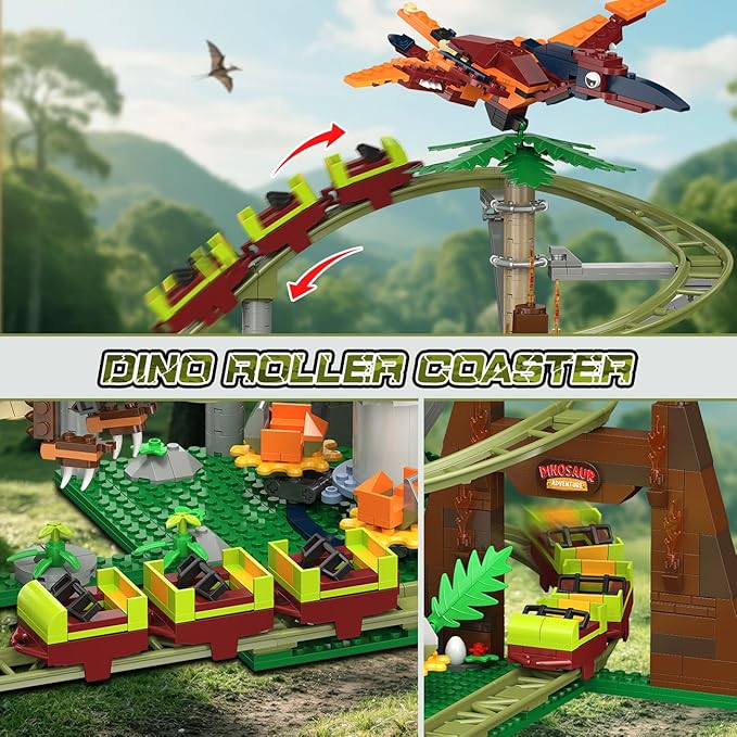 HOGOKIDS Dinosaur Roller Coaster Building Set - 1222 PCS Roller Coaster Building Toy with 4 Dinosaur, Off-Road Vehicle, Food Cart, Dinosaur Models Playset, Gifts for Adults Girls Boys Ages 8-12 Years