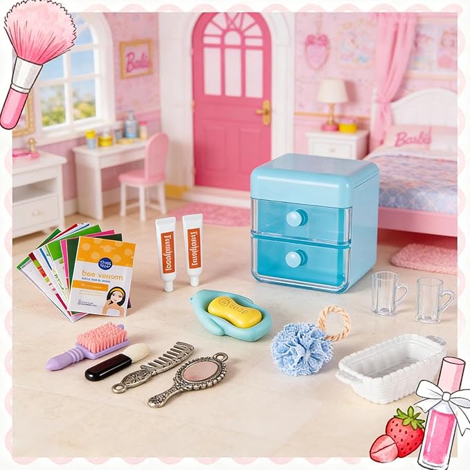 72Pcs Dollhouse Mini Jewelry Storage Case Handbag Towel Cosmetic Set Bathroom Acessories Toothbrush Shampoo Perfume Hair Dryer Comb Purse Decor DIY Doll Backpack Girl Micro Scene