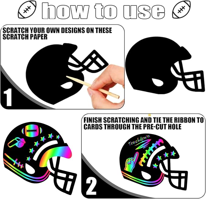 JarThenaAMCS 60 Pcs Football Scratch Paper Craft Kits Football Helmet Scratch Cards Ornaments with Ribbon and Wooden Styluses for DIY Crafts Painting Classroom Party Supplies