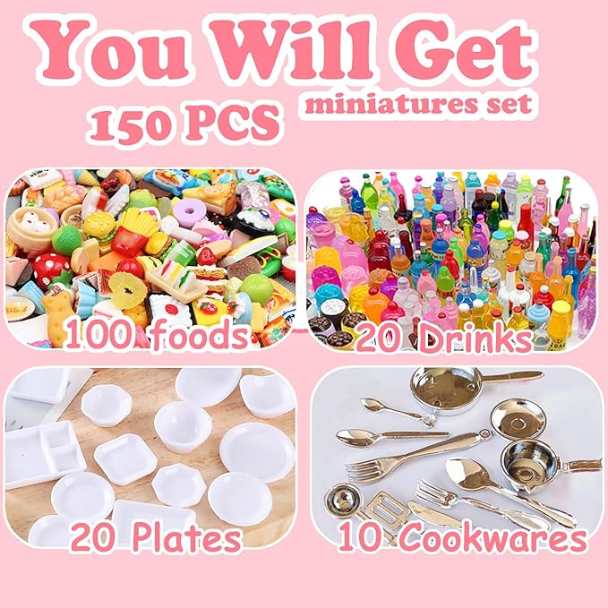 150Pcs Miniatures Food Drinks Bottles Doll House Accessories 1:12 Playset Pretend Play Kitchen Game Party Toys Mini Things Stuff Tiny Baking Travel Road Trip Toys Micro Mart Toddler Boys Girls