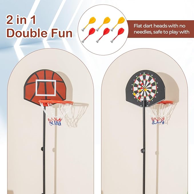 GYMAX Kids Basketball Hoop with Dart Board, 3.2-4.8 FT Adjustable Indoor & Outdoor Toddler Basketball Hoop with Fillable Base & 6 Darts, Toy Basketball Goals for 3 4 5 6 7 8 Years Boys Girls Gift
