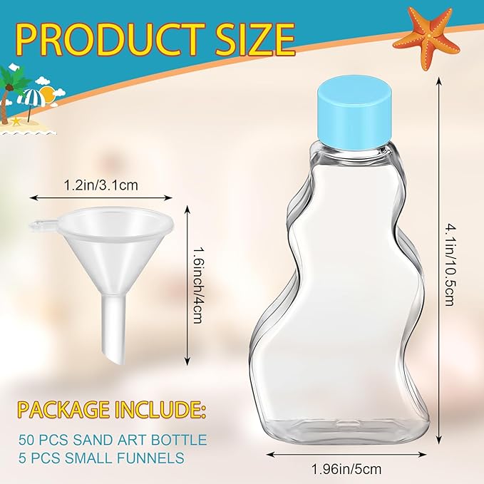 Nuenen 50 Pcs Sand Art Bottles Bulk with Funnels Plastic Wave Shaped Sand Art Containers for DIY Craft Party Supplies(Colorful Lid)