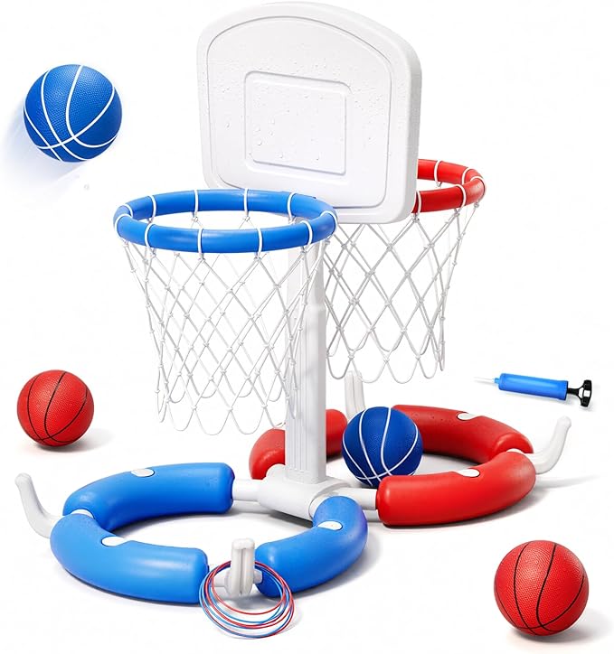 Double Pool Basketball Hoop with Backboard, 2-in-1 Floating Pool Toys Ring Toss Game, 2 Player Games Summer Outdoor Water Toys Gifts for Kids Ages 4-8 8-12 & Adults, Family Swimming Pool Party
