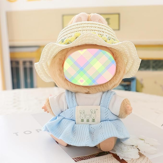 Clothes for Lu bubu 17cm Dolls Accessories (No Doll), Kawaii Hat Skirt Outfit Set 3 Pieces for 17cm Dolls Suit, Stylish Flower Doll Hat Clothing Set Replacement Blue