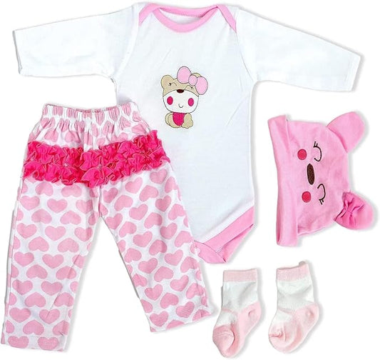 Reborn Baby Doll Clothes for 17-22 Inch Newborn Baby Doll Girl (Cute Pink Bear Pattern 4pcs Set)