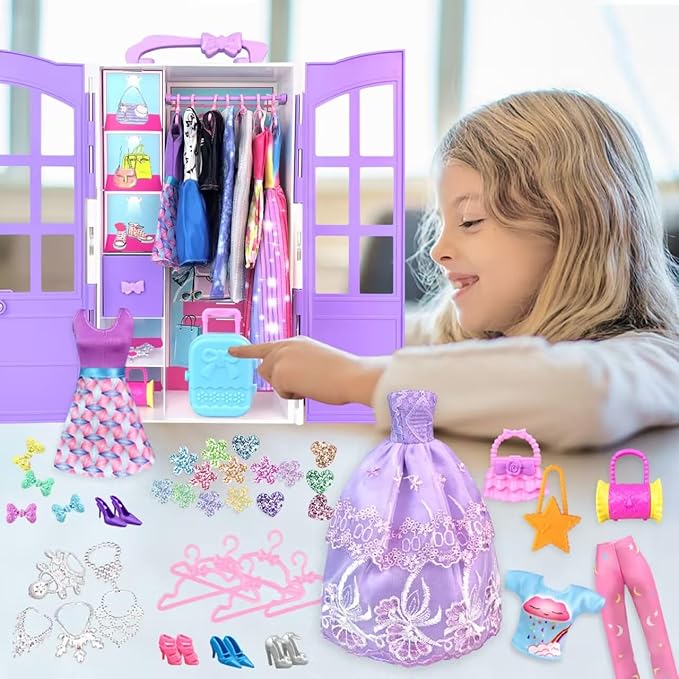 92Pcs Doll Clothes and Accessories with Closet for 11.5 Inch Doll Fashion Design Kit Girl Dress Up Including Fashion Dress Outfits Tops and Pants Shoes Hangers Bags Necklaces Girls Toy Gifts