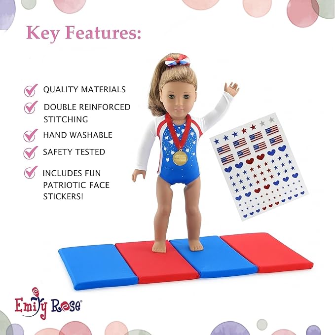 Emily Rose 18" Doll Gymnastics Outfit 5-Piece Set - Bejeweled Athletic Gymnast Leotard, Medal, Hair Bow, Mat, & Reuseable Stickers | American Girl Compatible | Trusted USA Brand | NO Doll