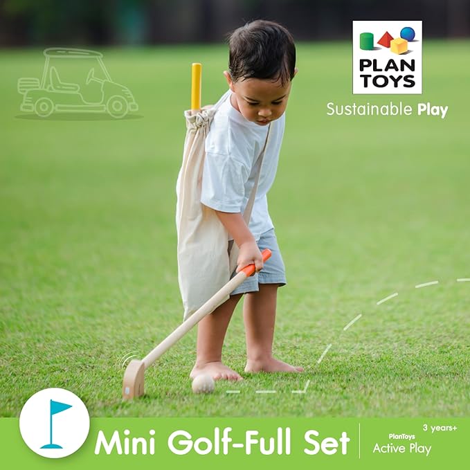 PlanToys® Mini Golf Set for Kids | Eco-Friendly Wooden Golf Game with 2 Putters, 2 Golf Balls, 3 Obstacles, Target Goal & Travel Bag | Perfect for Indoor & Outdoor Play