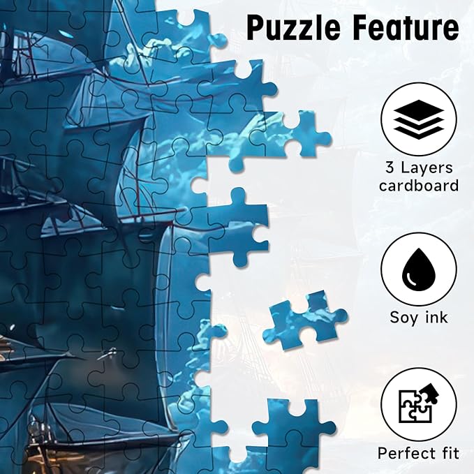 500 Piece Puzzles for Adults, Pirate Ship Night Sea Jigsaw Puzzle Full Moon Stormy Ocean Scene, Cardboard Puzzle with Letters on Back for Game Nights & Home Decor, 15×20 Inch
