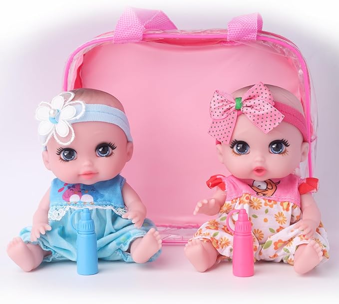 6 Inch Small Baby Doll Handbag Bag Set with Little Bottle，All Vinyl Reborn Baby Dolls Nursing Set for Kids.Easter Baby Doll Kit (Pink & Blue)