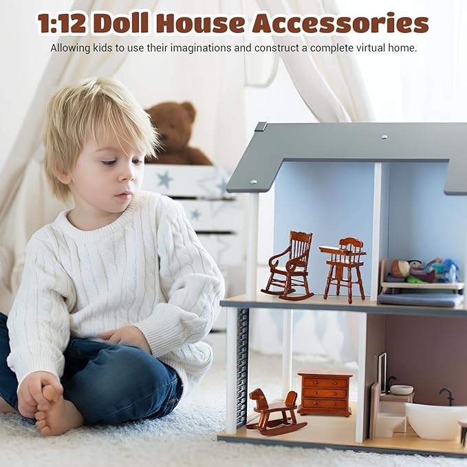 Silipull 5 Pcs 1: 12 Scale Wooden Dollhouse Furniture Set Miniature Wood Bedroom Furniture Wooden Dollhouse Accessories Encourage Creative and Imaginative Play for Kid Miniature Bathroom (Wood Color)