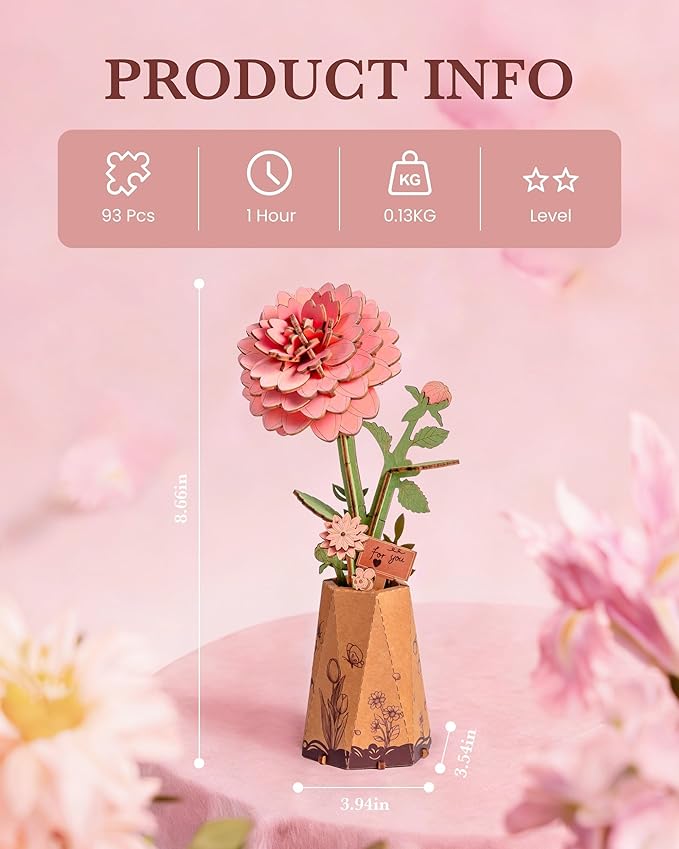 ROBOTIME Pink Dahlia 3D Wooden Puzzle - DIY Flower Craft Kit for Adults, Buildable Artificial Dahlia Model, Valentine's Day Gift for Her, Home Office Decor, Birthday Mother's Day Present