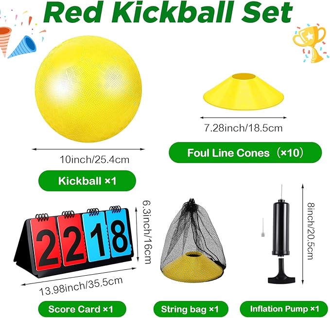 Jenaai 18 Pcs Sports Kickball Set Includes Playground Ball 5 Rubber Throw Down Bases Ball Pump Scoreboard Net Bag 10 Foul Line Cones for Adults Playground Backyard Game(10 Inch,Yellow)