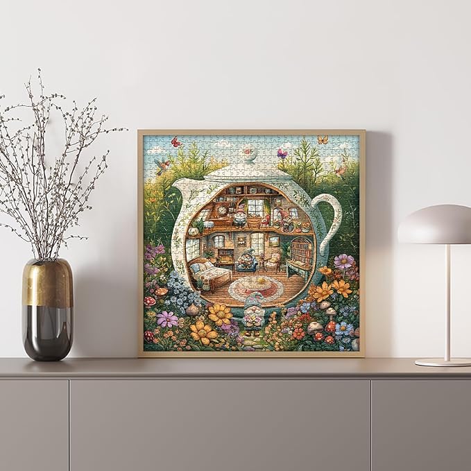 PICKFORU Funny Gnome Puzzles for Adults 1000 Pieces, Flower Garden Nature Plant Butterfly Bird Themed, Tea Cup Flower Art Challenge Jigsaw Puzzle