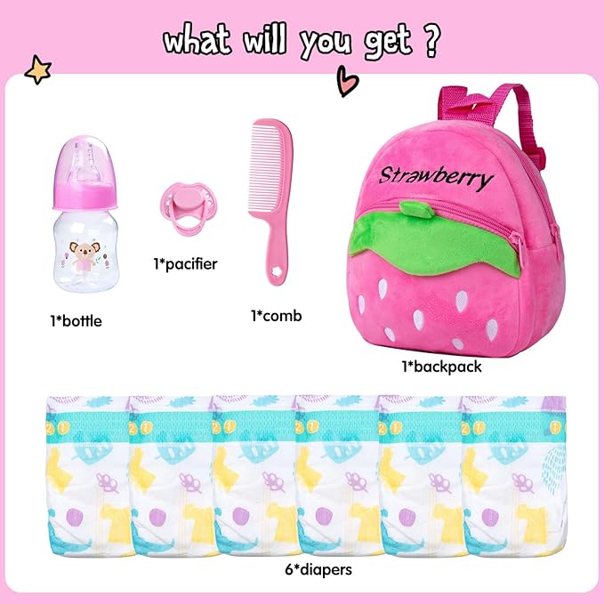 Reborn Baby Doll Diaper Bag Accessories Set 10 Pcs Baby Dolls Feeding and Caring Set Includes Backpack&Diapers&Bottle&Magnetic Pacifier&Comb Newborn Girls Gift