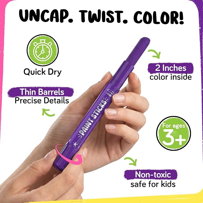 24 Thin Tempera Paint Sticks for Kids Washable (Coloring Book incl) | Non-Toxic Markers for Toddlers 1-3 | Works on Paper, Canvas, Wood, Cardboard - Painting Crayons, Art and Craft Supplies
