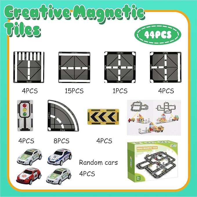 Magnetic Tiles Road Set with Pullback Car, Magnetic Blocks for Kids Ages 4-8, Magnet Tiles for Preschool STEM Building Toy, Autism Learning Sensory Montessori Toys Gift for Toddler Boys and Girls