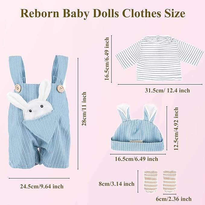 Reborn Baby Doll Clothes Set for 14-18 inch Dolls, Soft Doll Clothes Outfit with Tops, Pants, Rabbite Hat, Socks & 2 Hangers, Accessories for Newborn Reborn Dolls(Not Dolls)