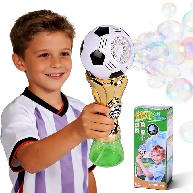 Bubble Machine for Kids – Football Trophy Shape, Automatic Bubble Gun Band with Blue LED Light, Leak-Proof, Includes Bubble Solution, Perfect Outdoor Toy for Toddlers Boys & Girls Ages 3-8