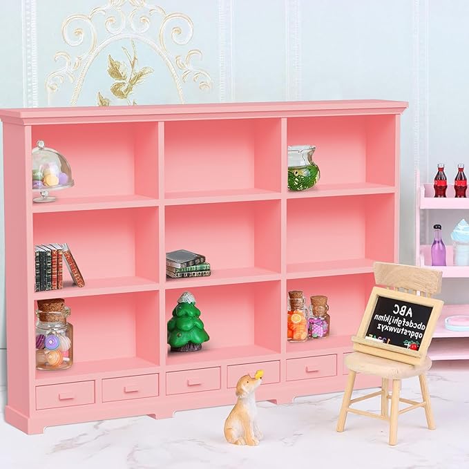 1:12 Scale Dollhouse Bookshelf, Classic Doll House Bookcase & Versatile Dollhouse Furniture Decor, Interesting Christmas & Birthday Gift for Kids