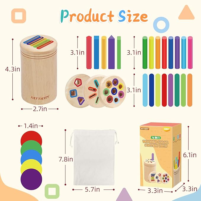 4 in 1 Montessori Toys for 2 3 4 Year Old, Wooden Color Sorting Toys for Toddlers 1-3, Preschool Learning Activities Fine Motor Matching Games, 18 Month Old Baby Boys Girls Gifts