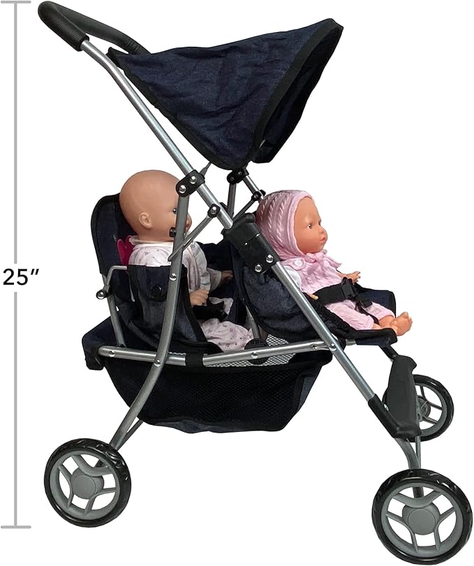 The New York Doll Collection First Twin Stroller - Cutest Heart Design Baby Strollers Great Toy Gift for Toddlers and Girls (Denim) Blue,pink