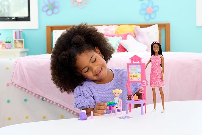 Barbie Careers Teacher Playset with Fashion Doll Wearing Removable Dress, Toddler Small Doll, Classroom Board & Accessories