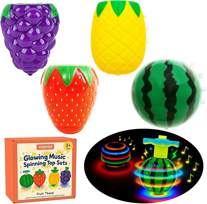 Fruit Spinning Tops for Kids, Stocking Stuffers & White Elephant Exchange Toys – 4 Pack Fruit-Themed Light-Up Toys with Music for Boys & Girls Toddlers
