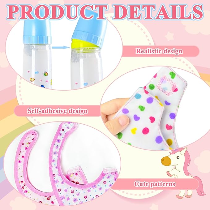 12PCS Baby Doll Accessories Set,Doll Pretend Play Feeding Toys,Baby Doll Feeding Include Disappearing Milk and Juice Bottles,Pacifier,Bibs,Diapers