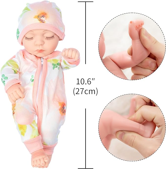 XFEYUE 10 Inch Newborn Reborn Baby Doll and Clothes Set Washable Realistic Soft Silicone Sleeping Baby Doll with Beautiful Flower Pattern Jumpsuit and Hat-Best Gift for Kids Girls
