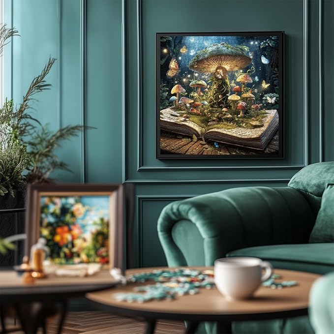Fantasy Mushroom Book Puzzle 1000 Pieces for Adults, Magic Forest Fungi Plant Jigsaw Puzzles, Vintage Nature Butterfly Tree Puzzles