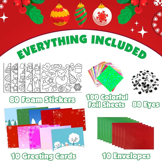 Foil Crafts for Kids, Christmas Crafts for Kids, Christmas Games Cards Craft Kit with Envelopes, DIY Creative Activity Gifts, Arts and Crafts Set for Boys and Girls Ages 4 5 6 7 8 9 10 Toys Gifts