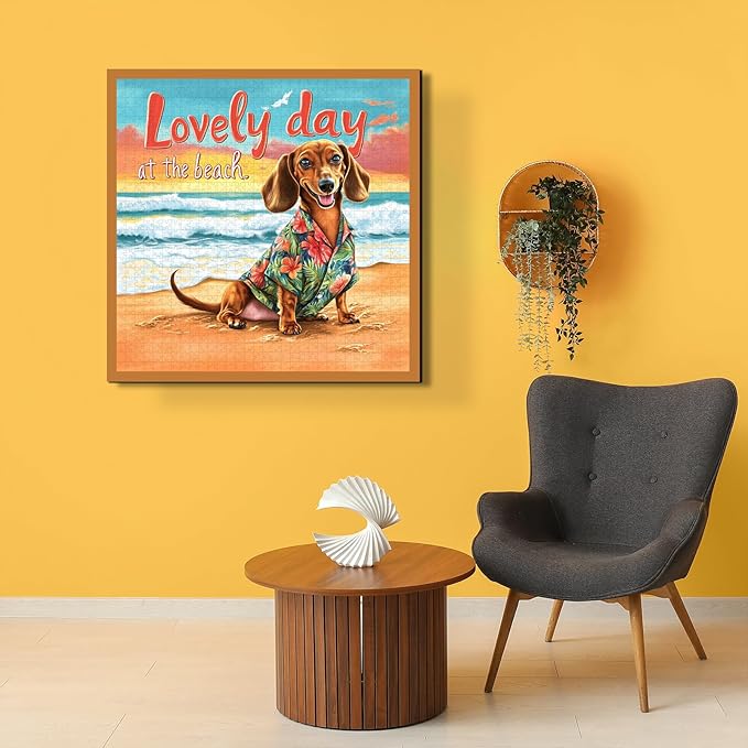 Beach Dachshund Puzzles for Adults 1000 Pieces, Cute Dog Animal Jigsaw Puzzles, Funny Seaside Puppy Art Puzzle as Home Wall Art