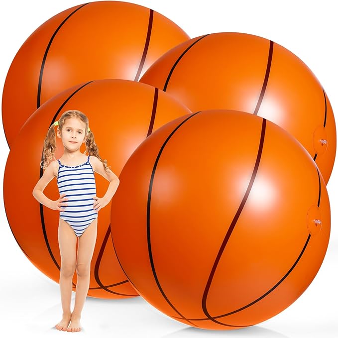 Tanlade 4 Pcs 42 Inch Giant Basketball Glitter Inflatable Beach Ball Large Jumbo Beach Pool Ball for Outdoor Activity Summer Birthday Water Game Toys Sports Themed Party Favors Decoration(Basketball)