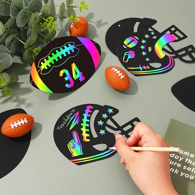 JarThenaAMCS 60 Pcs Football Scratch Paper Craft Kits Football Helmet Scratch Cards Ornaments with Ribbon and Wooden Styluses for DIY Crafts Painting Classroom Party Supplies