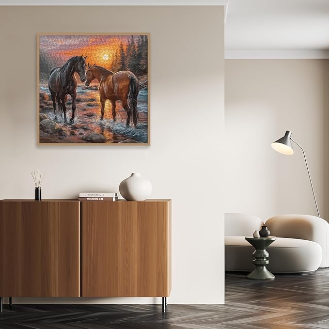 Art Sunset Horse Puzzles for Adults 1000 Pieces, Aesthetic Colorful Animal Landscape Jigsaw Puzzles, Hard Challenging Forest River Mustang Painting Puzzle