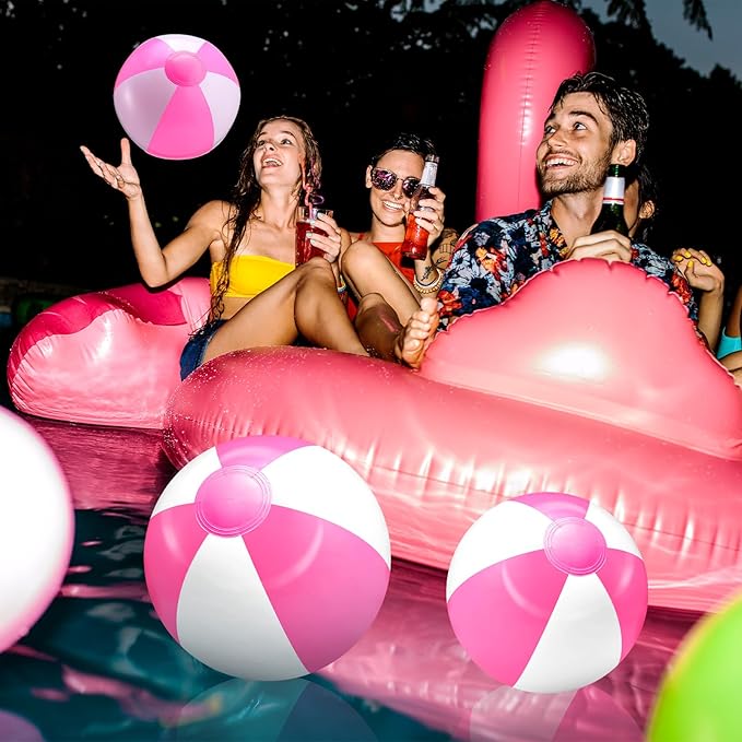 24 Pack 20 Inch Pink and White Inflatable Beach Balls Bulk PVC Beach Balls Blow up Water Games Toys for Kids Summer Swimming Pool Party Favors Hawaiian Tropical Theme Party Supplies