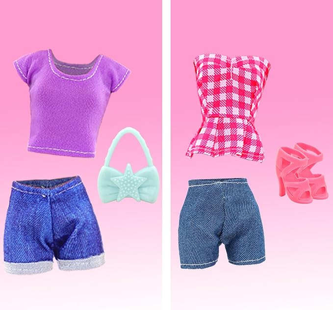 BARWA 17 Pcs Doll Clothes and Accessories for 11.5 Inch Girl Dolls Including 7 Sets Fashion Floral Skirts and Denim Skirts, Casual Tops and Pants with 2 Bags, 5 Shoes, 1 Plaid Picnic Mat