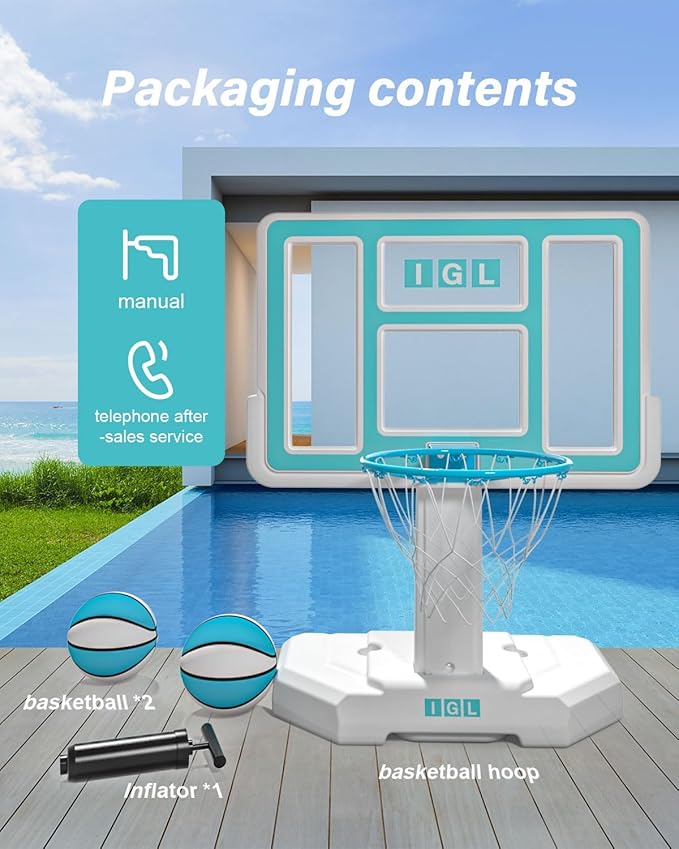 IGL Pool Basketball Hoop Outdoor, Outdoor Poolside Basketball Hoop, Base & Stand Double Water Storage with 2 Ball & Inflator, Stainless Steel Basketball Rim, Fixed Height