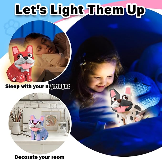 FUNZBO Paint Your Own Dog French Bulldog Lamp Kit - Easter Basket Stuffers, Arts and Crafts Supplies Painting for Kids Teens, DIY Night Light Dog Toy for Girl Boy 3 4 5 6 7 8 9 10 11 12 Birthday Gifts