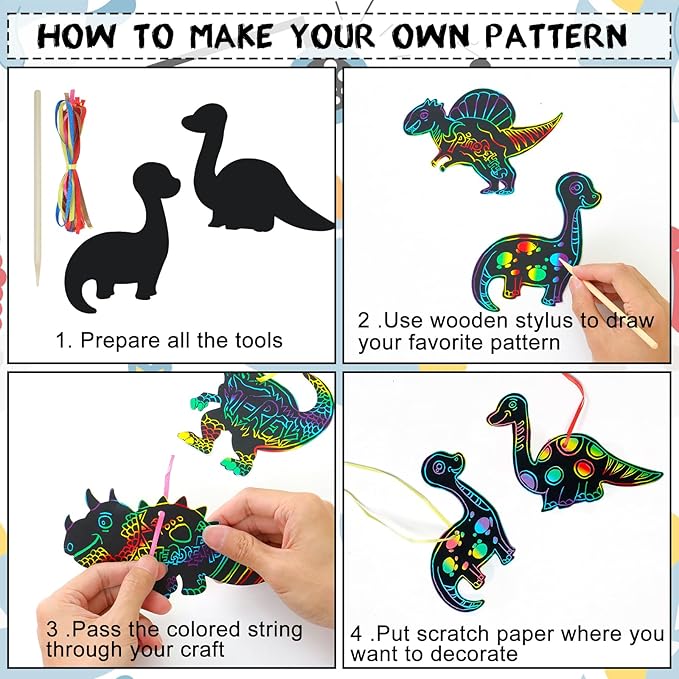 60PCS 12Style Magic Color Scratch DIY Dinosaur Paper Scratch Craft Kits Rainbow Scratch Paper Art Sets with Scratching Tools Ribbon for Party Favors Activities