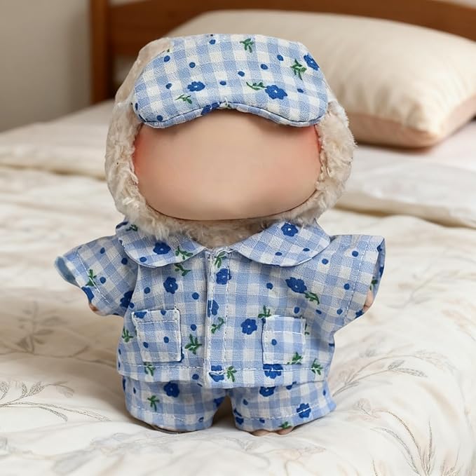 15cm/17cm Doll Outfit Suitable for Labubu Clothes –Stylish Adorable Dolls Accessories for Dressing Up (No Doll Included) (B-Blue Floral Pajamas 3-Set)
