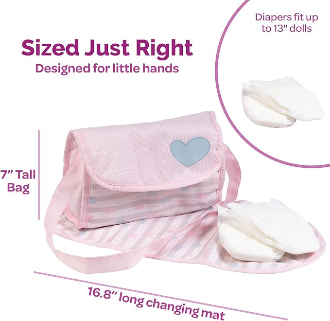 Adora Baby Doll Diaper Bag with Sturdy Straps, Includes Changing Mat and 2 Doll Diapers (Fits 13" Dolls), Birthday Gift For Ages 3+ - Classic Pastel Pink