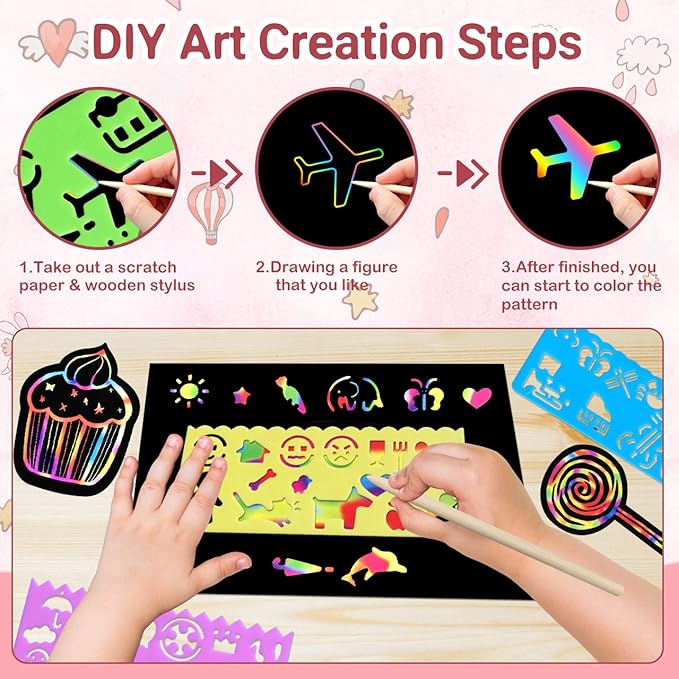 Rainbow Scratch Paper Art for Kids: 50PCS Magic Arts Crafts Gifts Toys for Girls Boys Ages 3-12 Games Activities for Birthday Party Family Day Classroom Prizes Easter Basket Stuffers