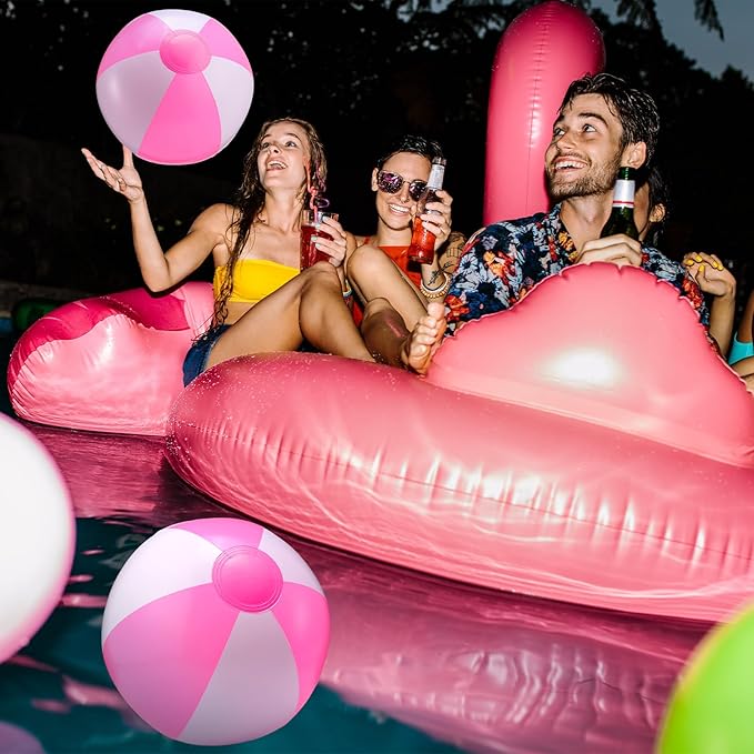 24 Pack 16 Inch Pink and White Inflatable Beach Balls Bulk PVC Beach Balls Blow up Water Games Toys for Kids Summer Swimming Pool Party Favors Hawaiian Tropical Theme Party Supplies