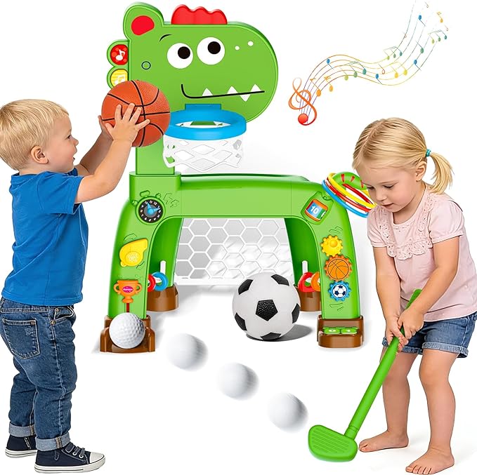 4-in-1 Toddler Basketball Hoop Soccer Goal with Golf Game and Ring Toss, Dinosaur Toys for 1 2 3 Year Old Babies Boys Girls, Kids Sports Toy with Light Sound Music, Xmas Birthday Gifts for Toddlers