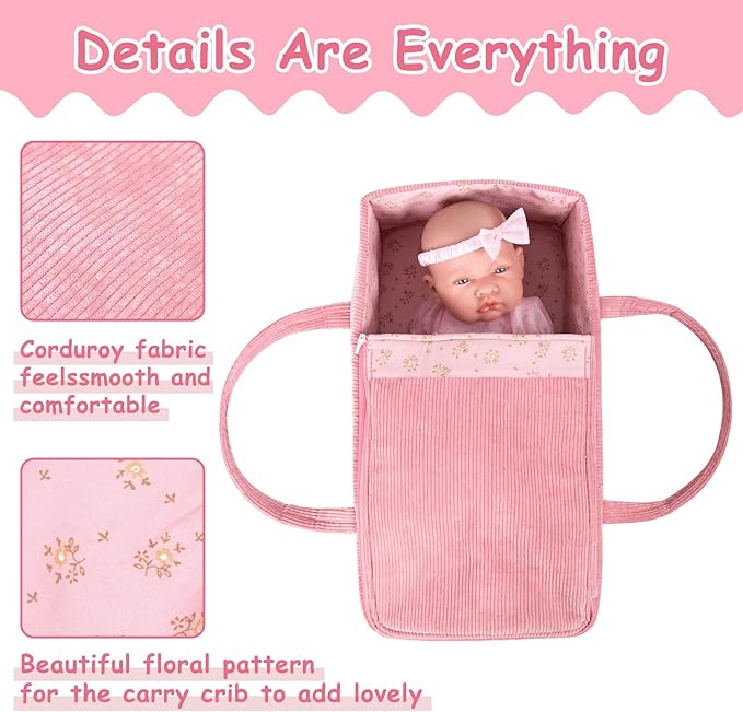 Rakki Dolli Doll Carrier Doll Carry Cot Doll Carry Crib Set with Feeding Utensils Feeding & Changing Accessaries 7 Pieces Set, Fits for 16-18 Inch American Girl Dolls
